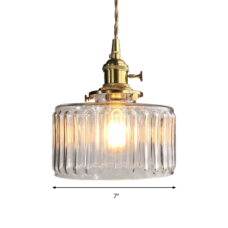 Drum Shape Pendant Light 1 Head Modern Stylish Fluted Glass Hanging Lamp for Gallery