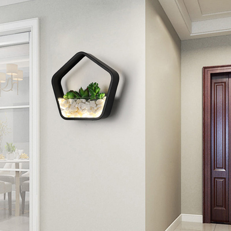 Fake Succulent Plant Wall Light Metal Stone Modern Creative Sconce Light in Black for Bedroom