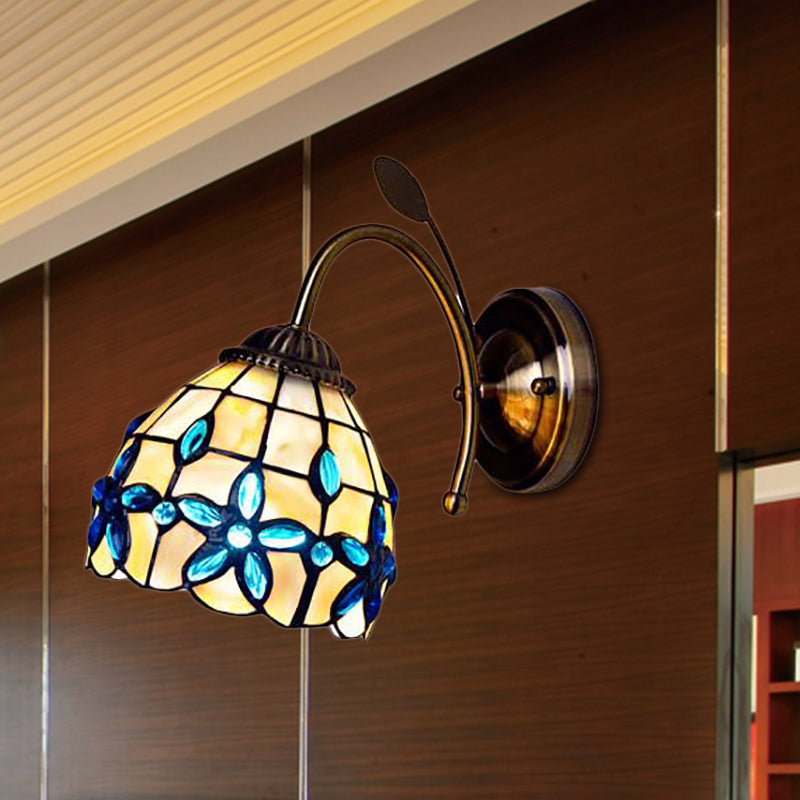 Shell Blossom Wall Light with Leaf Single Bulb Tiffany Wall Sconce for Study Room
