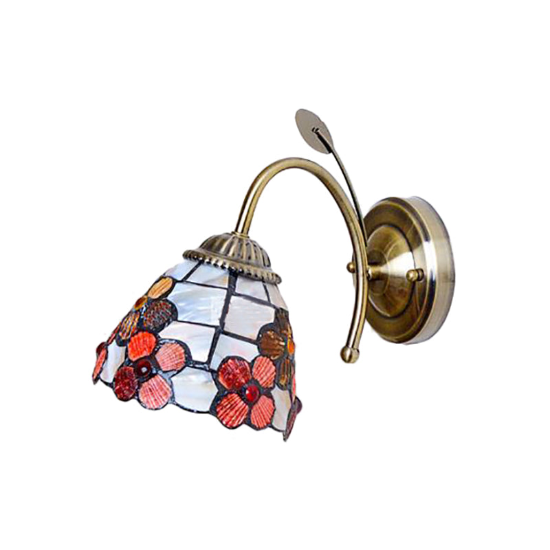 Shell Blossom Wall Light with Leaf Single Bulb Tiffany Wall Sconce for Study Room