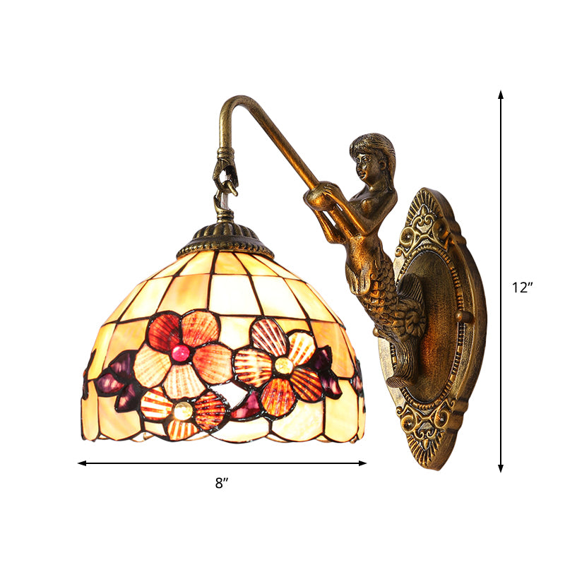 Victorian Dome Sconce Light Beige Glass 1 Head Bedside Wall Mount Light with Flower Pattern