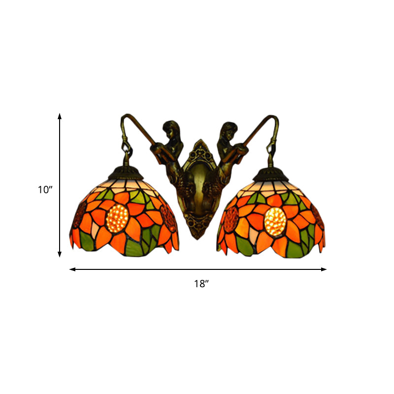 Sunflower Wall Mounted Lamp Tiffany Orange Glass 2 Heads Bedroom Sconce Light in Bronze