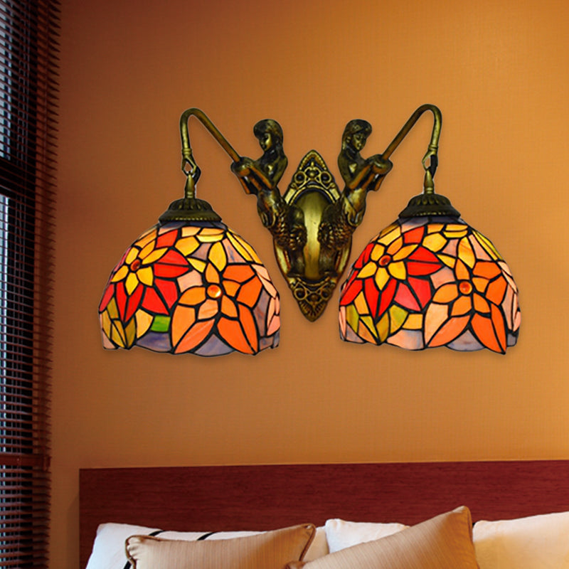 Orange Glass Floral Wall Mount Lighting Baroque 2 Heads Sconce Light with Mermaid Backplate