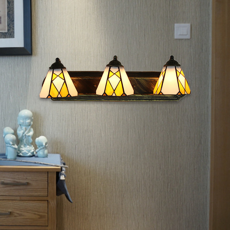 Tiffany Cone Wall Mounted Lamp 3 Heads Yellow/Amber Glass Sconce Light Fixture for Hallway