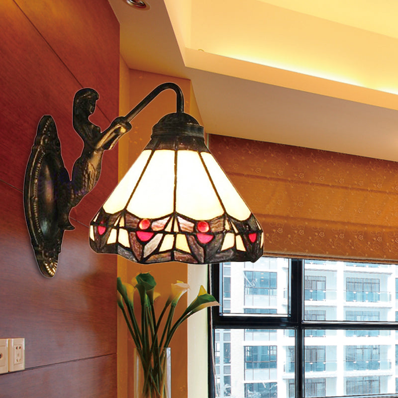 Beige Glass Cone Wall Mounted Light Tiffany 1 Head Antique Bronze Sconce Light for Hallway