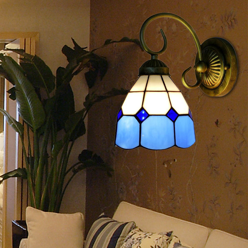 1 Head Bowl Wall Light Fixture Tiffany Orange/Blue/Pink Glass Sconce Light with Curved Arm for Corridor