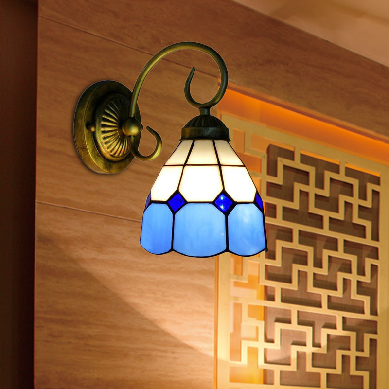 1 Head Bowl Wall Light Fixture Tiffany Orange/Blue/Pink Glass Sconce Light with Curved Arm for Corridor