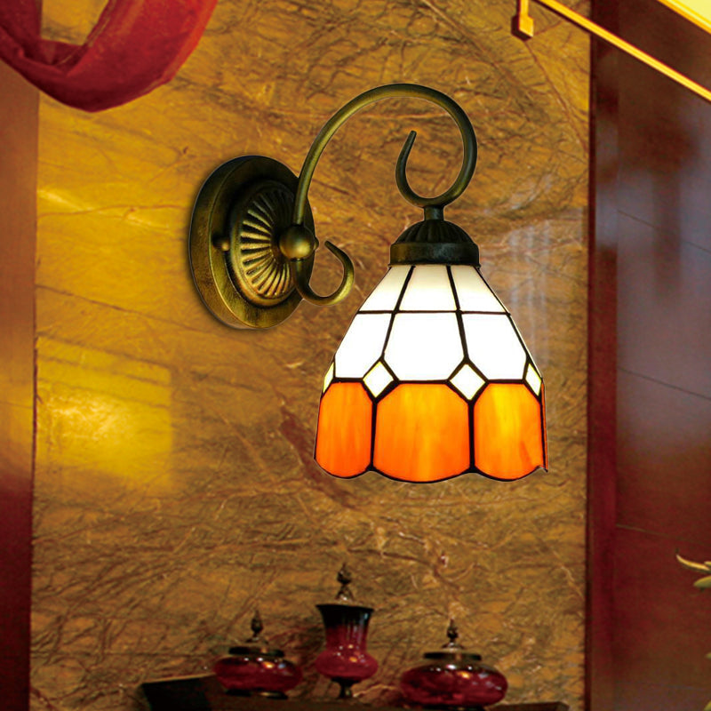 1 Head Bowl Wall Light Fixture Tiffany Orange/Blue/Pink Glass Sconce Light with Curved Arm for Corridor