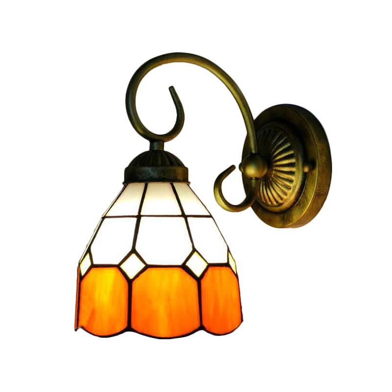 1 Head Bowl Wall Light Fixture Tiffany Orange/Blue/Pink Glass Sconce Light with Curved Arm for Corridor