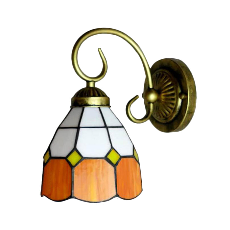 1 Head Bowl Wall Light Fixture Tiffany Orange/Blue/Pink Glass Sconce Light with Curved Arm for Corridor
