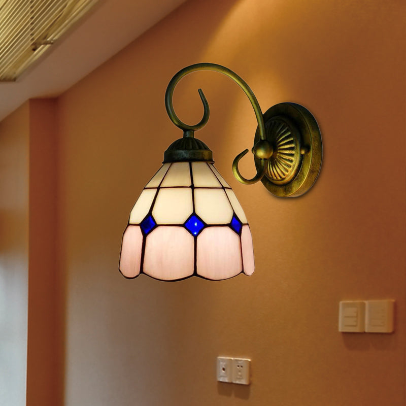 1 Head Bowl Wall Light Fixture Tiffany Orange/Blue/Pink Glass Sconce Light with Curved Arm for Corridor