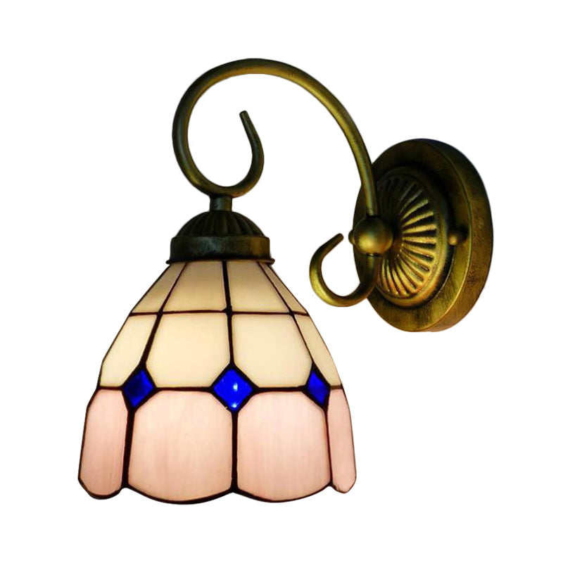 1 Head Bowl Wall Light Fixture Tiffany Orange/Blue/Pink Glass Sconce Light with Curved Arm for Corridor