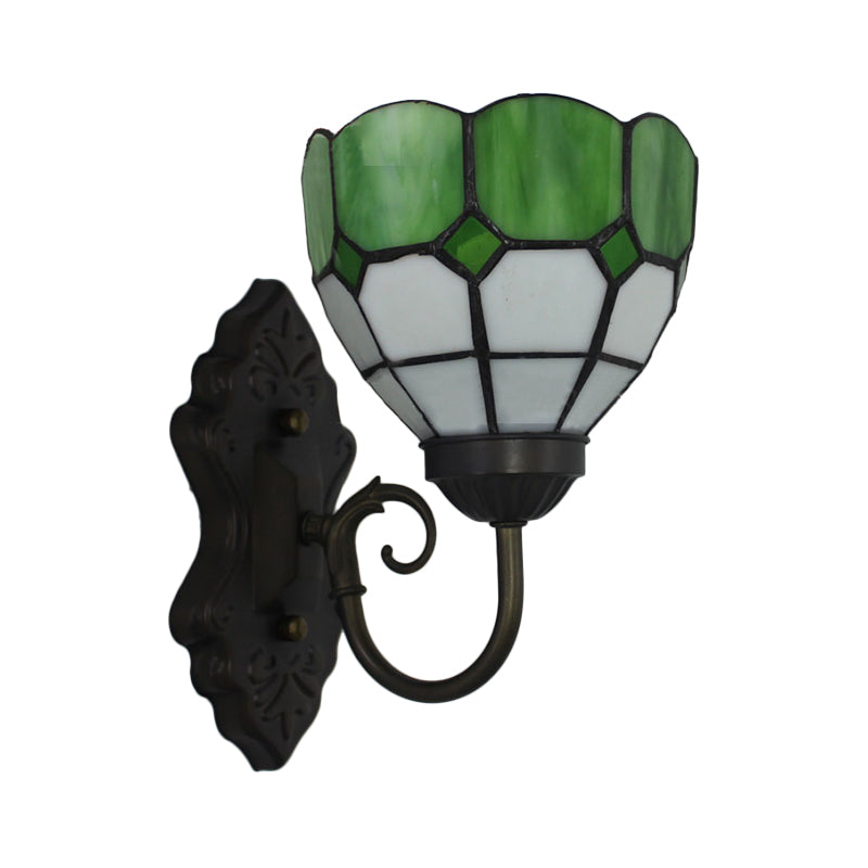Grid Patterned Sconce Light Fixture Tiffany Green/Blue Glass 1 Head Black Wall Mounted Lamp