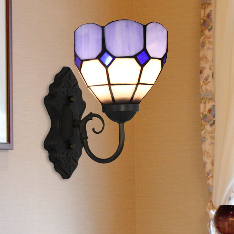 Grid Patterned Sconce Light Fixture Tiffany Green/Blue Glass 1 Head Black Wall Mounted Lamp