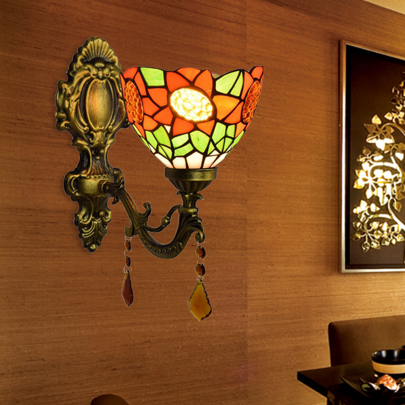 Orange Sunflower Wall Lighting Country 1 Head Wall Fixture Light with Bowl Glass Shade for Hallway