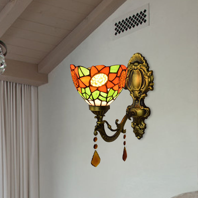 Orange Sunflower Wall Lighting Country 1 Head Wall Fixture Light with Bowl Glass Shade for Hallway