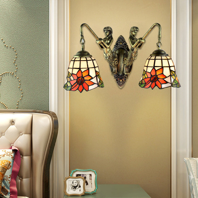 Antique Bronze Bell Wall Mounted Light Tiffany 2 Heads Frosted Glass Mermaid Sconce Light for Bedside