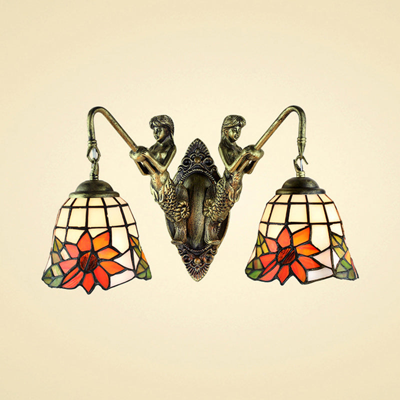 Antique Bronze Bell Wall Mounted Light Tiffany 2 Heads Frosted Glass Mermaid Sconce Light for Bedside
