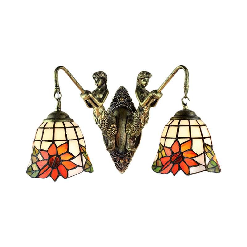 Antique Bronze Bell Wall Mounted Light Tiffany 2 Heads Frosted Glass Mermaid Sconce Light for Bedside