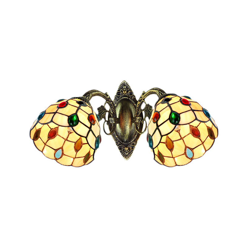 Tiffany Style Domed Wall Lighting Stained Glass 2 Heads Jewel Wall Mount Fixture for Stairway
