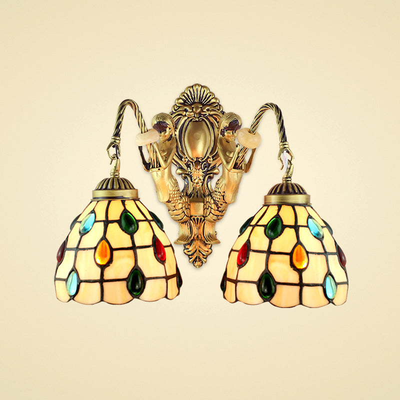 Jeweled Beige Glass Sconce Light Fixture 2 Heads Brass Wall Mount Light for Bedroom