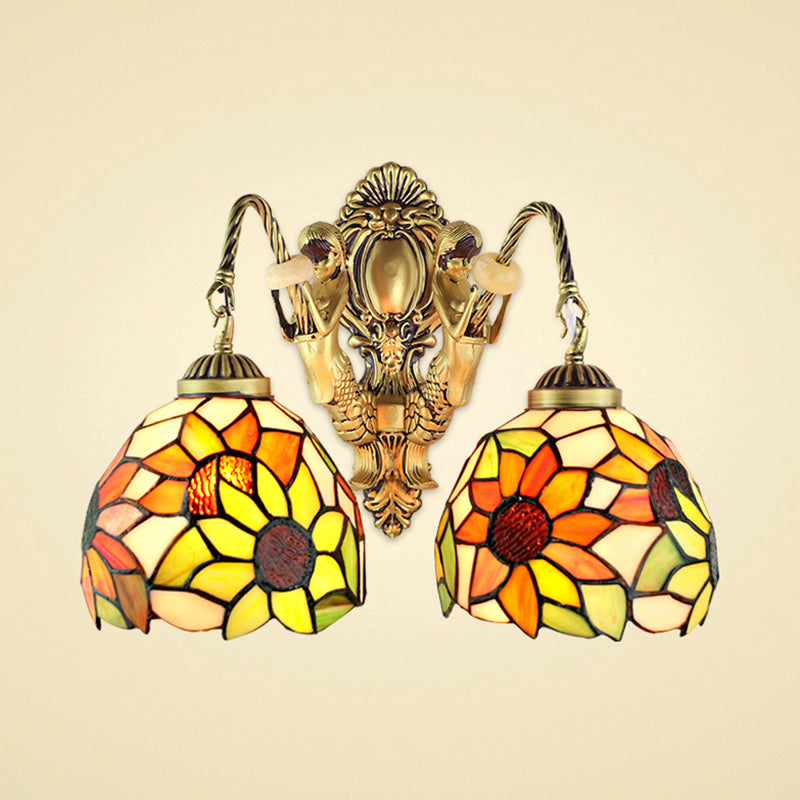 Tiffany Sunflower Wall Mount Light Yellow Glass 2 Lights Bathroom Vanity Sconce Light