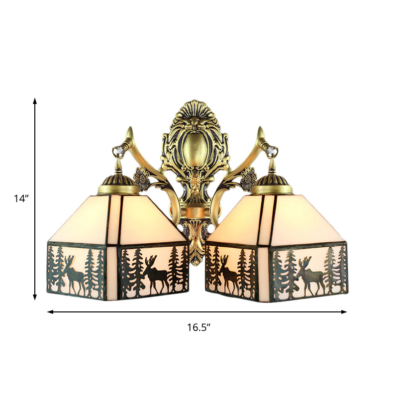 Small House Wall Sconce Retro Style Stained Glass 2 Heads Wall Light with Deer and Tree Pattern