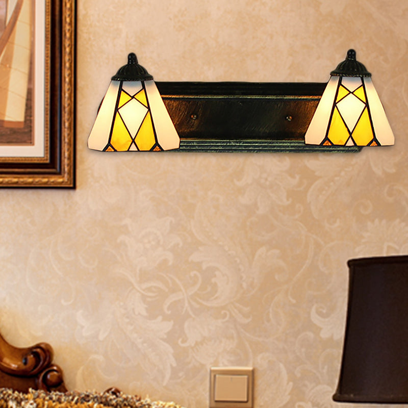 Yellow Glass Cone Sconce Lighting Tiffany 2 Heads Bronze Wall Mount Light for Bedroom