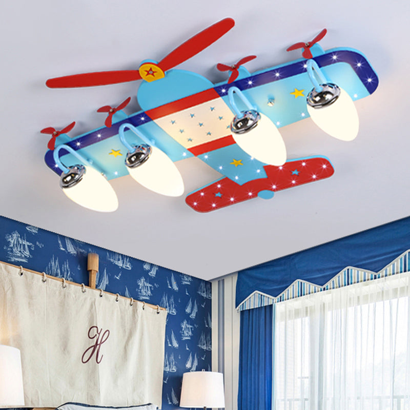 Wood Propeller Plane Flush Mount Light Baby Bedroom Cartoon Ceiling Light in Blue