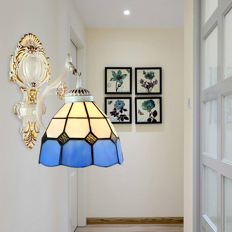 1 Light Dome-Shaped Wall Lighting Retro Style Stained Glass Wall Sconce in White Finish for Foyer