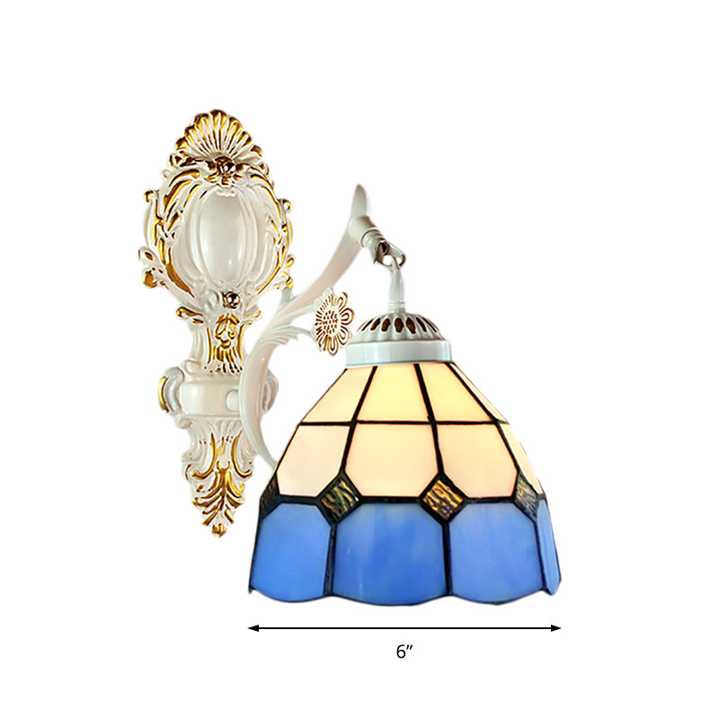 1 Light Dome-Shaped Wall Lighting Retro Style Stained Glass Wall Sconce in White Finish for Foyer