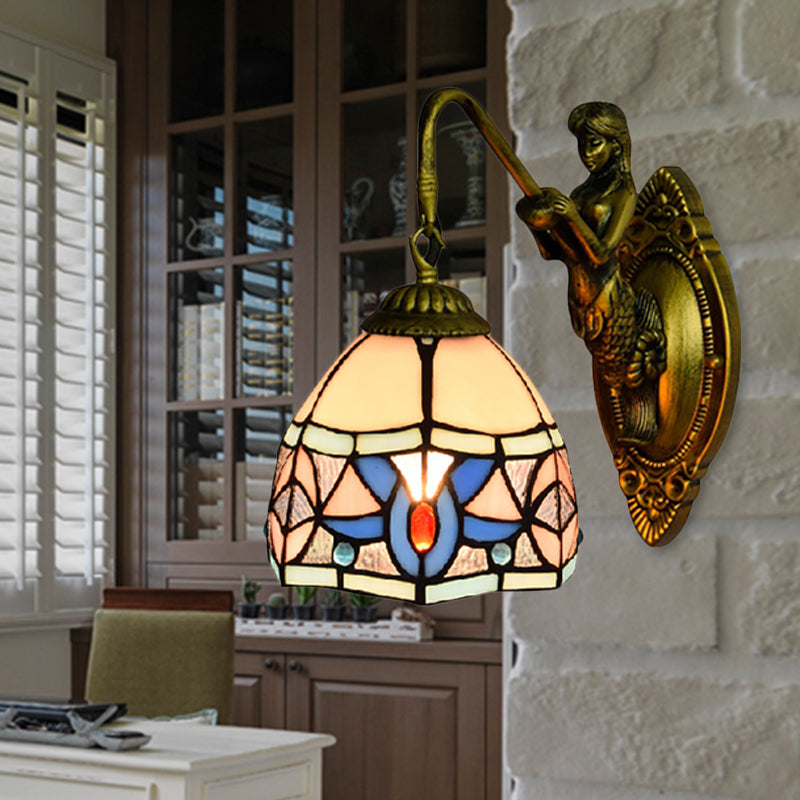 Tiffany Bowl Wall Light Fixture Beige Glass 1 Head Hallway Sconce Light with Mermaid Decoration