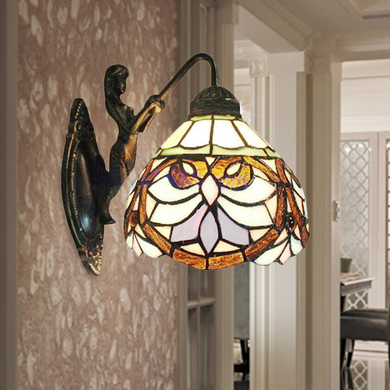 Victorian Dome Wall Light Fixture 1 Head Beige Glass Sconce Light with Flower Pattern