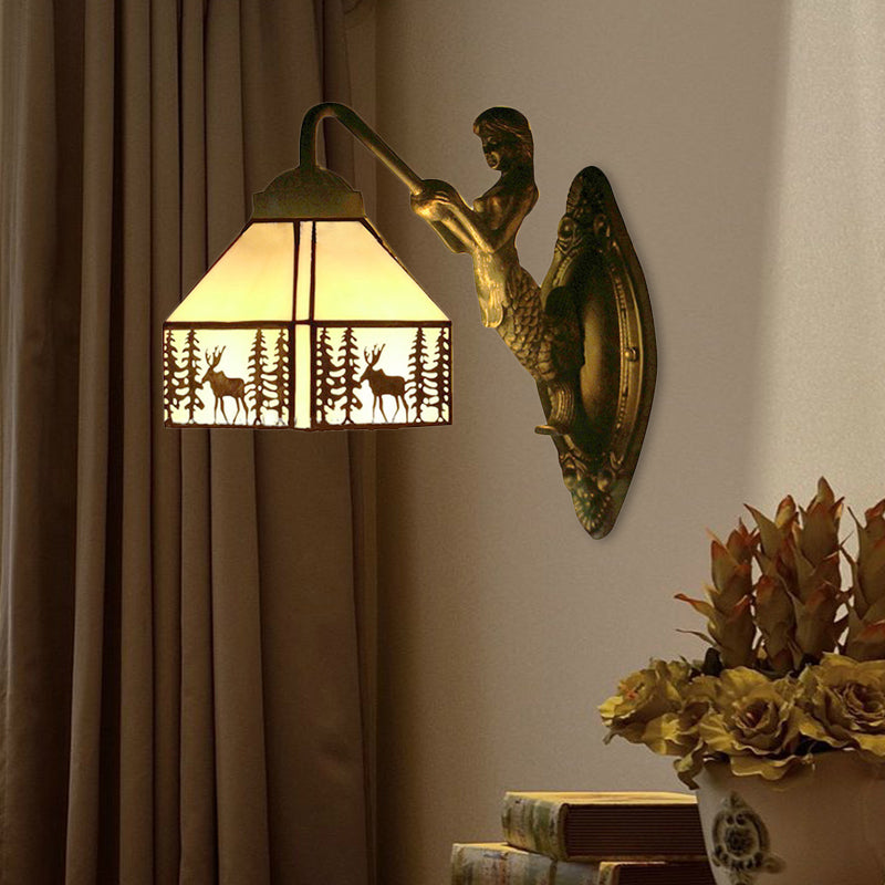 Small House Wall Mount Light Retro Stained Glass 1 Light Wall Lighting with Mermaid Decoration