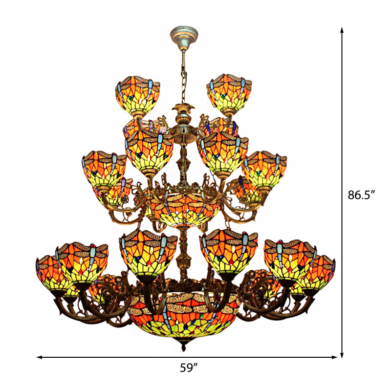 32-Light Dragonfly Chandelier Lighting Tiffany Stained Glass 3-Tier Hanging Light
