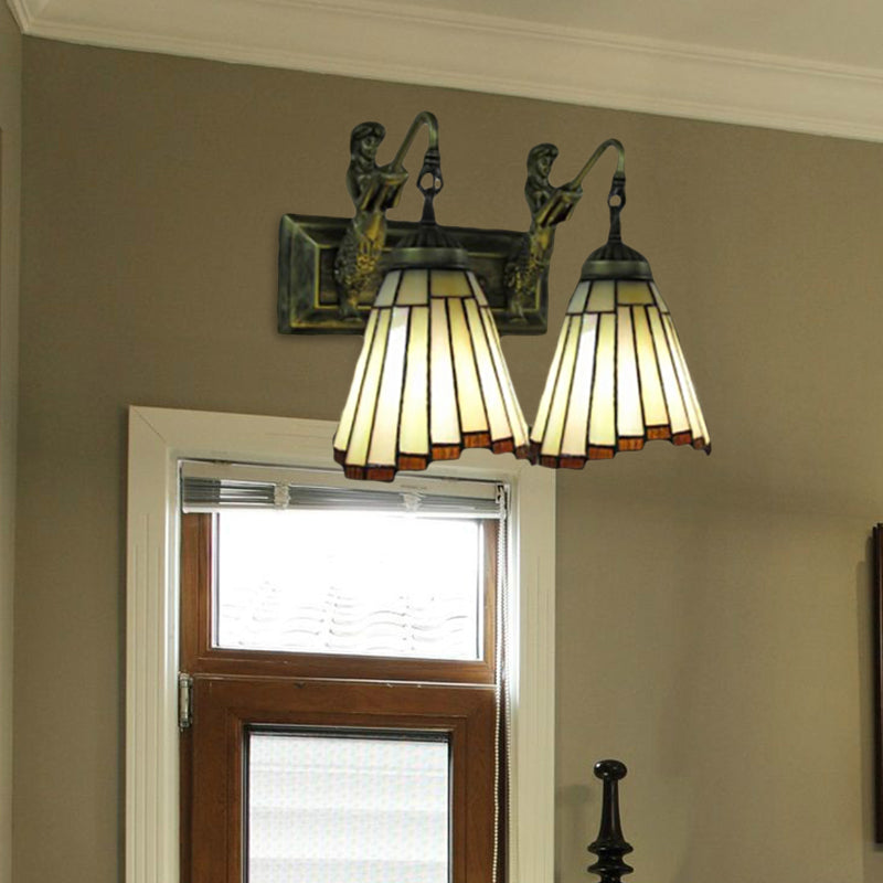 2 Heads Flared Sconce Light Tiffany Yellow Glass Wall Mounted Light Fixture with Mermaid Backplate