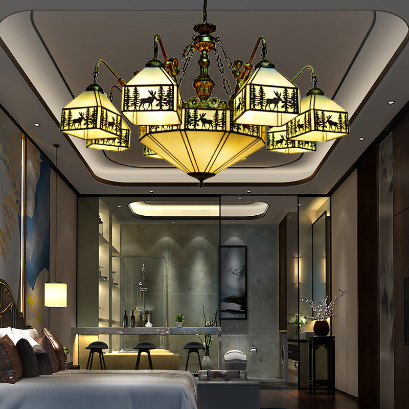 9-Light Small House Inverted Chandelier Country Stained Glass Hanging Fixture