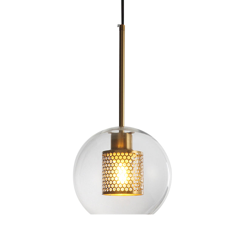 Simple Orb Shade Pendant Light with Cylinder Mesh Screen 1 Light Glass Hanging Lamp for Hallway