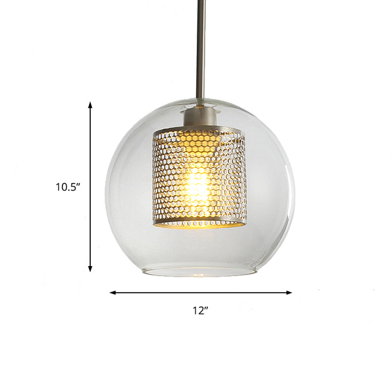 Simple Orb Shade Pendant Light with Cylinder Mesh Screen 1 Light Glass Hanging Lamp for Hallway
