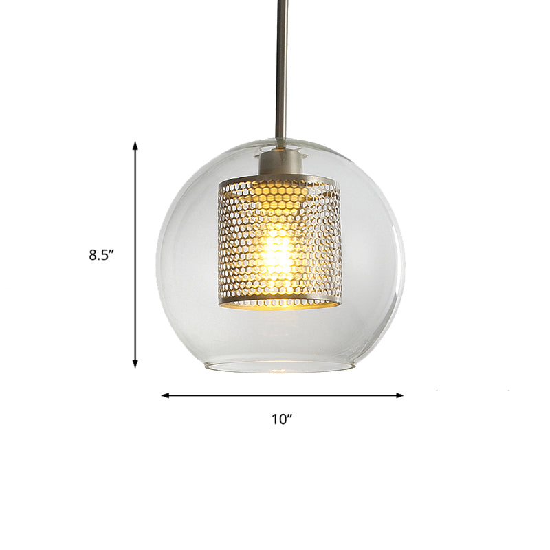 Simple Orb Shade Pendant Light with Cylinder Mesh Screen 1 Light Glass Hanging Lamp for Hallway