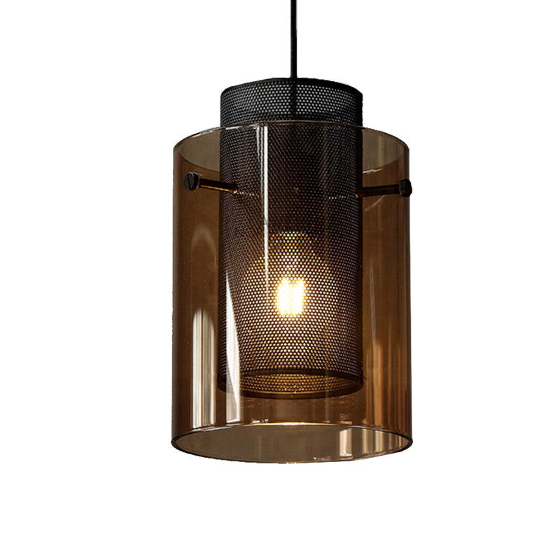 Amber Cylinder Pendant Lamp with Hollow Mesh Screen 1 Bulb Modern Hanging Light for Kitchen