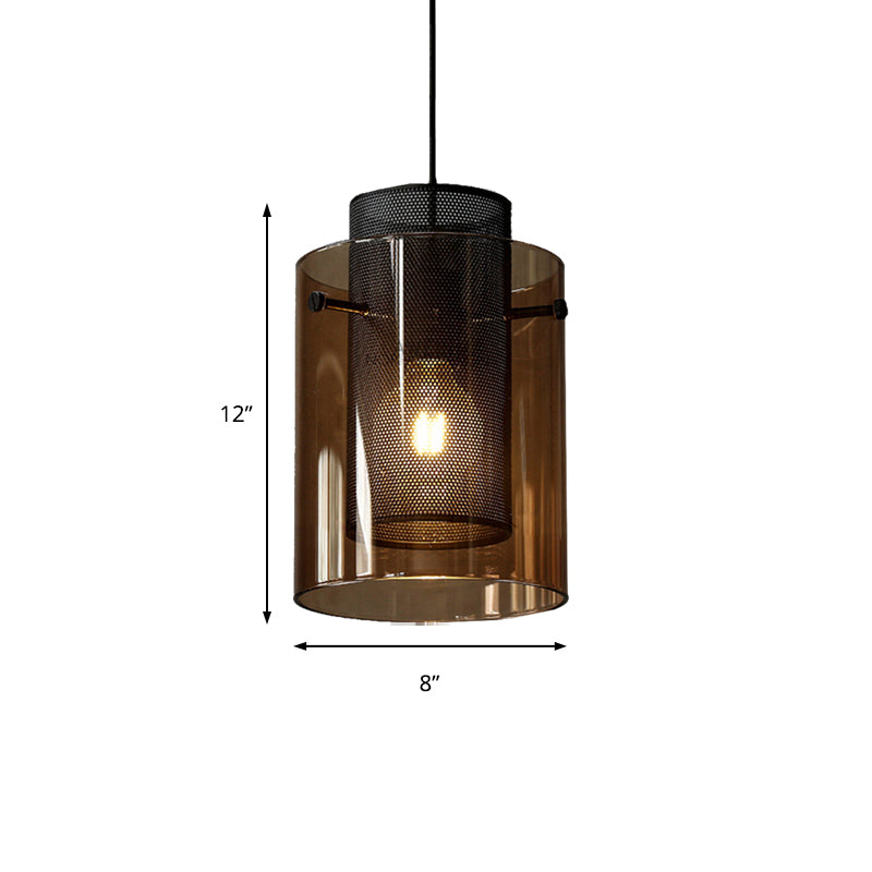 Amber Cylinder Pendant Lamp with Hollow Mesh Screen 1 Bulb Modern Hanging Light for Kitchen