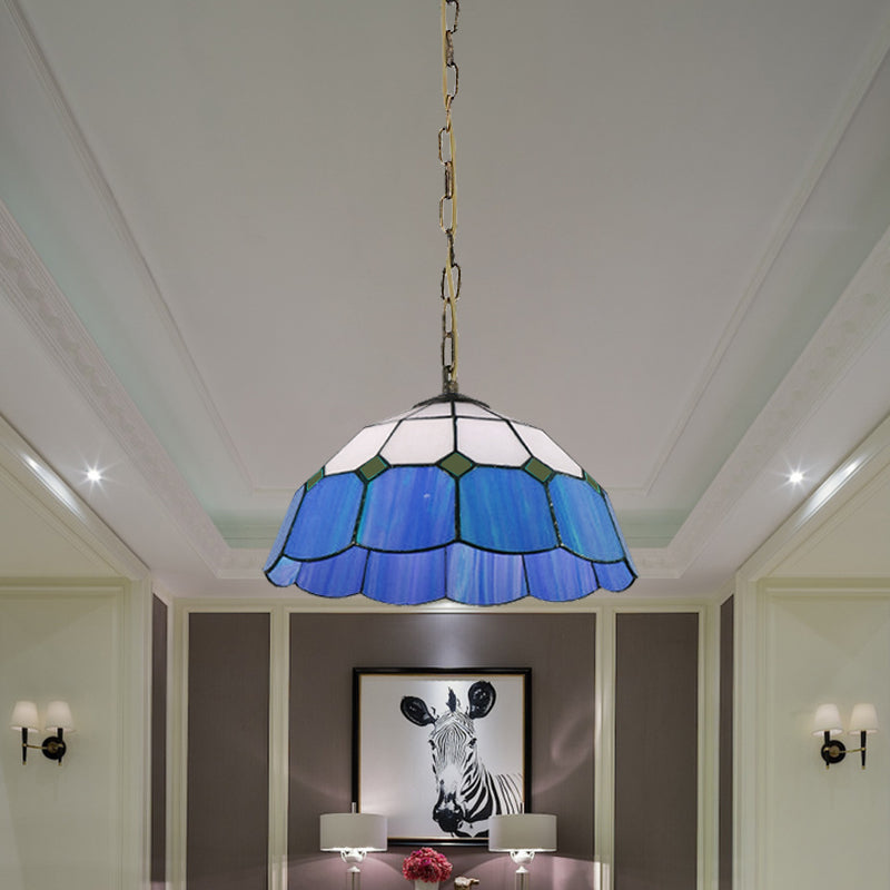 Domed plafondlicht Tiffany 1 kop geel/blauw handgemaakt kunstglas gesuspendeerd verlichtingsarmatuur, 12 "/16" breed