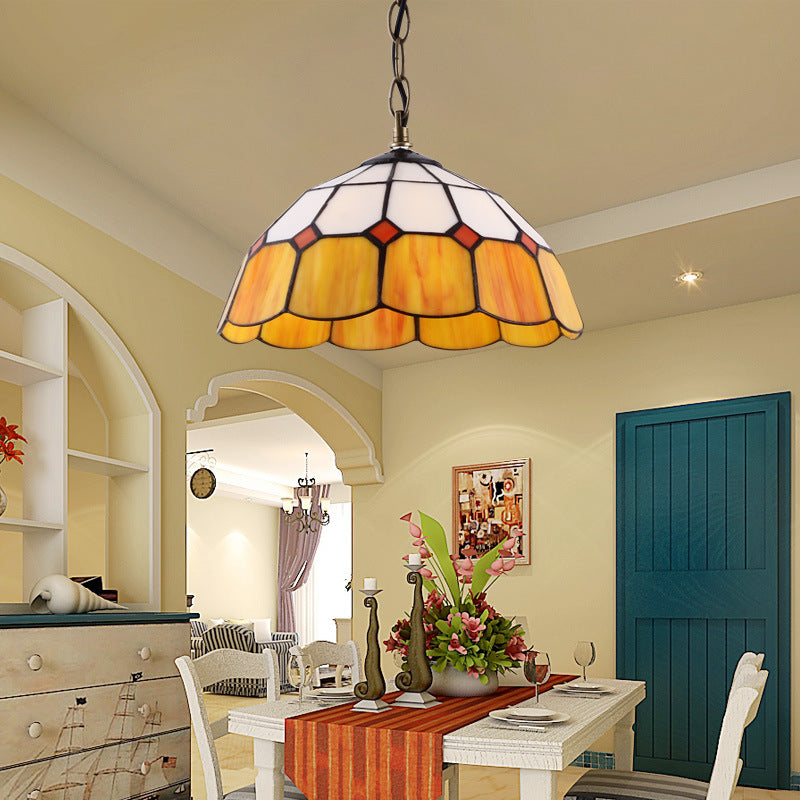 Domed plafondlicht Tiffany 1 kop geel/blauw handgemaakt kunstglas gesuspendeerd verlichtingsarmatuur, 12 "/16" breed