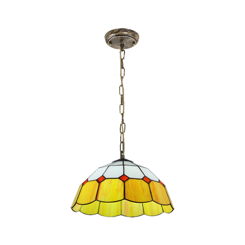 Domed plafondlicht Tiffany 1 kop geel/blauw handgemaakt kunstglas gesuspendeerd verlichtingsarmatuur, 12 "/16" breed