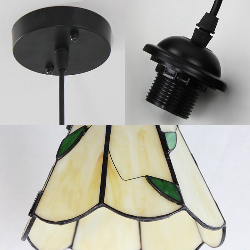 Silver/Black 1 Head Pendant Lamp Tiffany-Style Stained Glass Tapered Hanging Light Fixture with Leaf Pattern