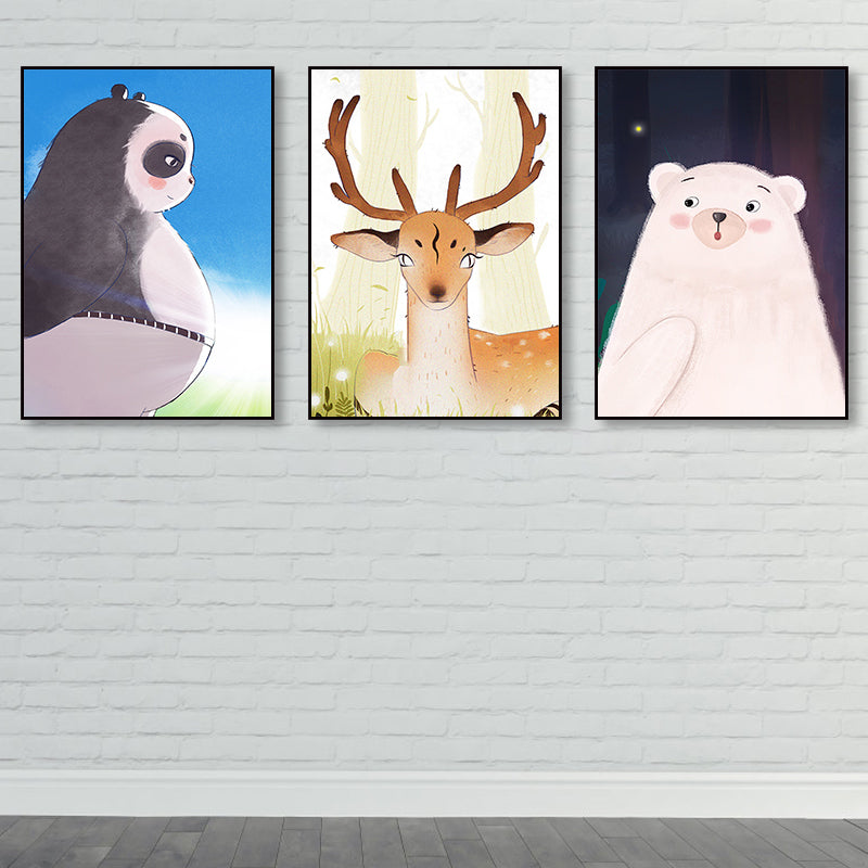 Brown Cartoon Animal Painting Textured Children's Art Living Room Wrapped Canvas, Set of 3