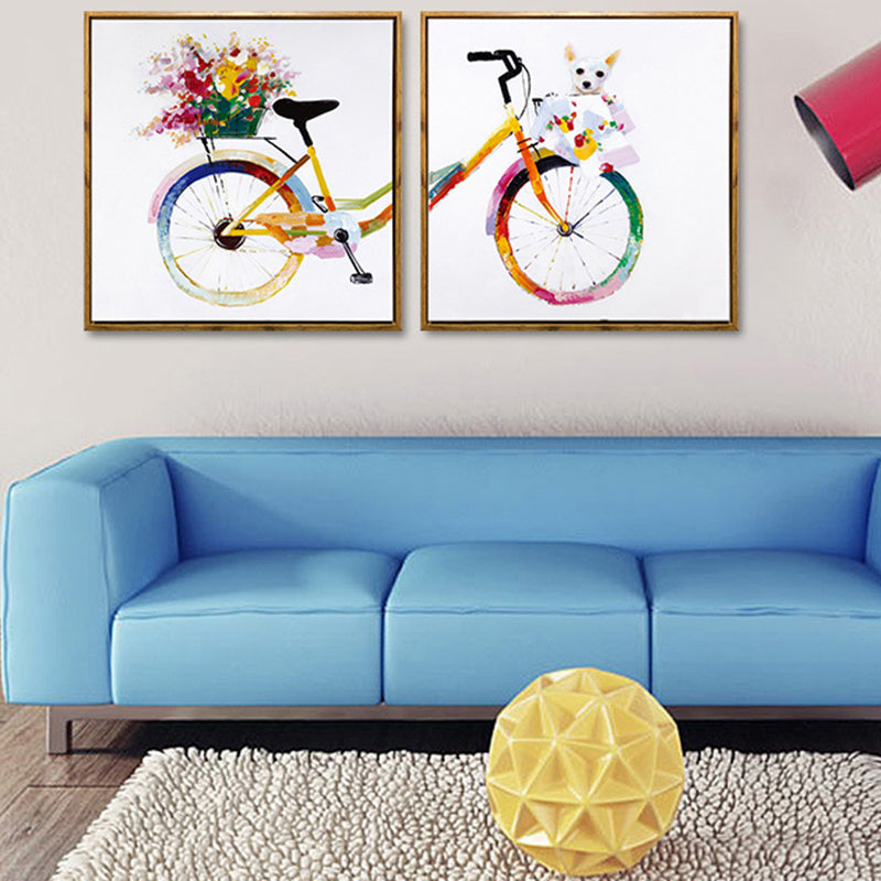 Yellow Kids Canvas Art Illustration Bike with Flower and Pet Wall Decor for Girls Room