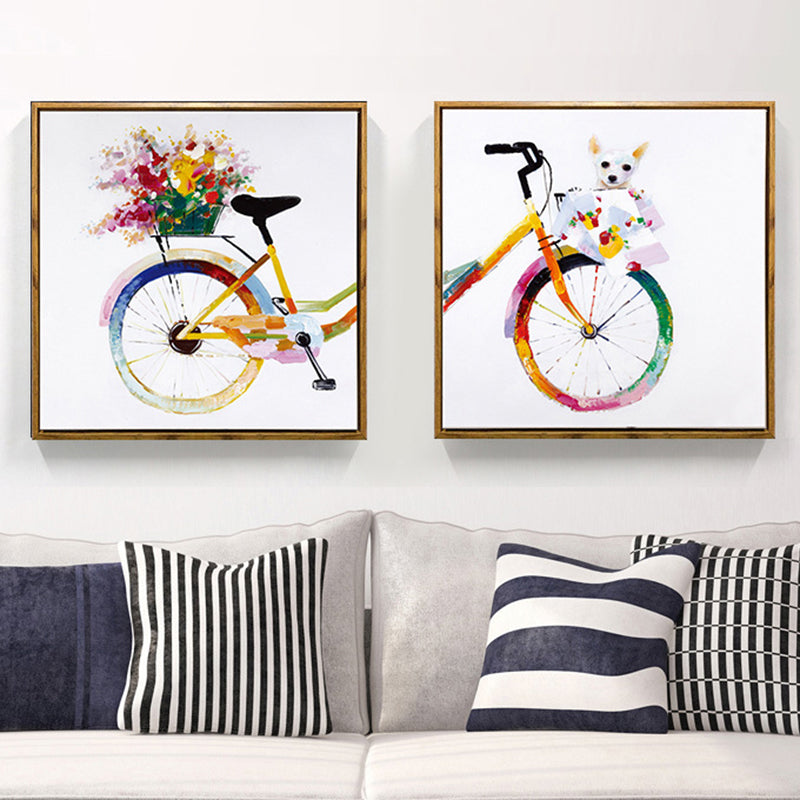 Yellow Kids Canvas Art Illustration Bike with Flower and Pet Wall Decor for Girls Room