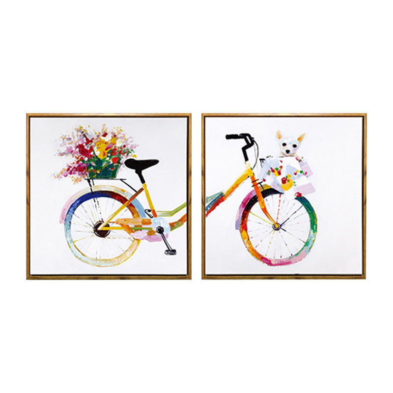 Yellow Kids Canvas Art Illustration Bike with Flower and Pet Wall Decor for Girls Room